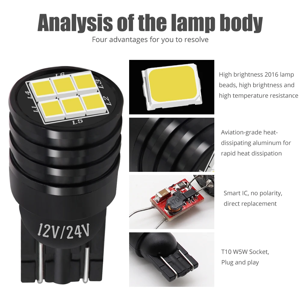 2X T10 W5W Canbus 194 светодиодный Автомобильный Дверной лампочка 6SMD оформление Лицензия парковка загрузки чтения Интерьер свет 6000 K 12-24 V Авто Лампа