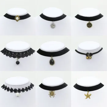 

Many Patterns Boho Style Animal Metal & Simulated Pearl Pendant Black Band Lace & Double Chain Choker Short Necklace Women