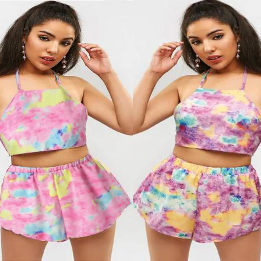 

Summer New Arrival Women's Casual Sexy Hanging Neck Strapless Fashion Print Two-Piece Matching Set 2019X1