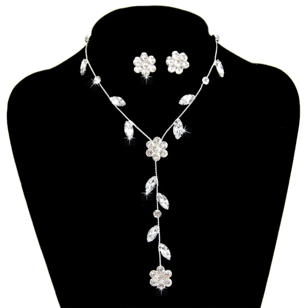 

Hot Elegant Bridesmaid Wedding Flower Leaves Rhinestone Necklace Ear Studs Jewelry Sets