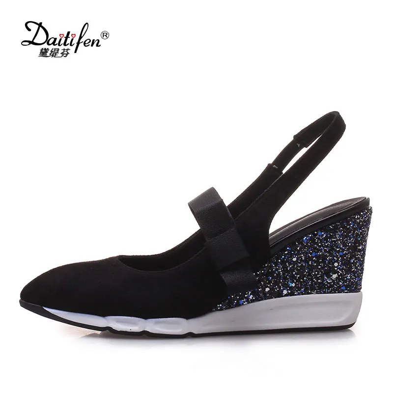 

Daitifen Leisure pointed toe High Heels comfortable women slingback pumps Bling Flock women Shoes Mixed color Wedges Shoes