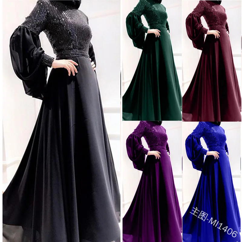 WEPBEL мусульманское женское платье из шифона с блестками, полная втулка, высокая талия, повседневная Летняя мода, женский однотонный, платья