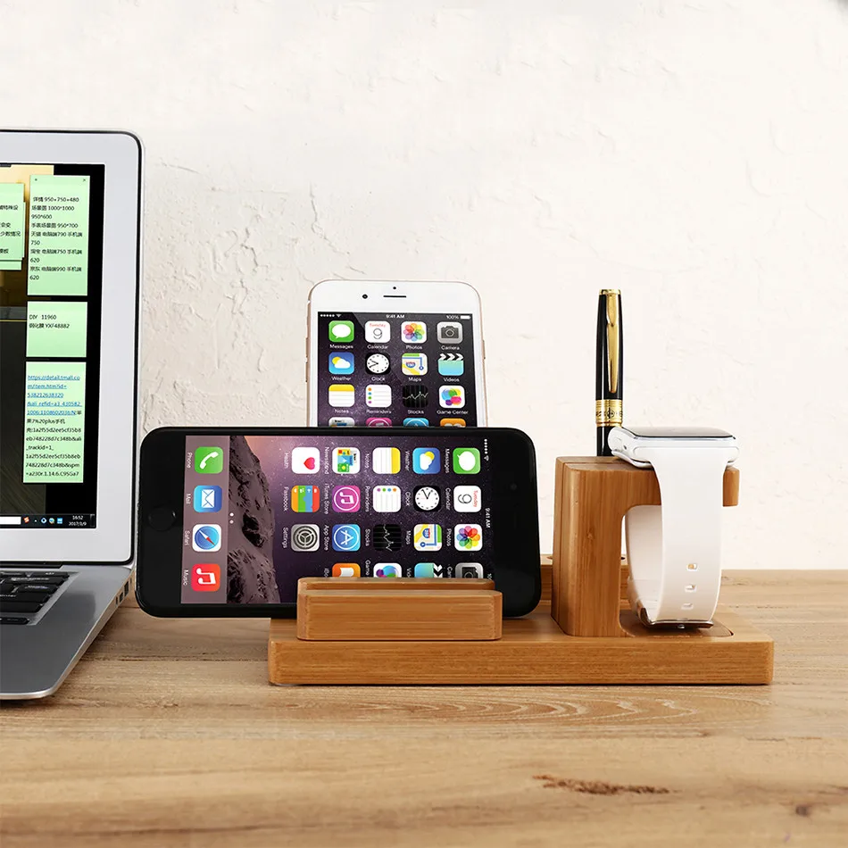 Настольная подставка из натурального бамбукового дерева для iPad, планшета, док-держатель, зарядное устройство для iPhone, зарядная док-станция для Apple Watch