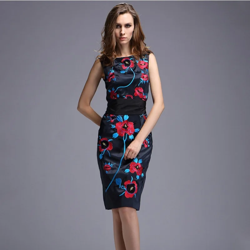 

Women Pencil dress 2017 NEW Spring Summer Work Clothing S XL XXL size embroidery Party Dress Knee Length Vintage flower dresses