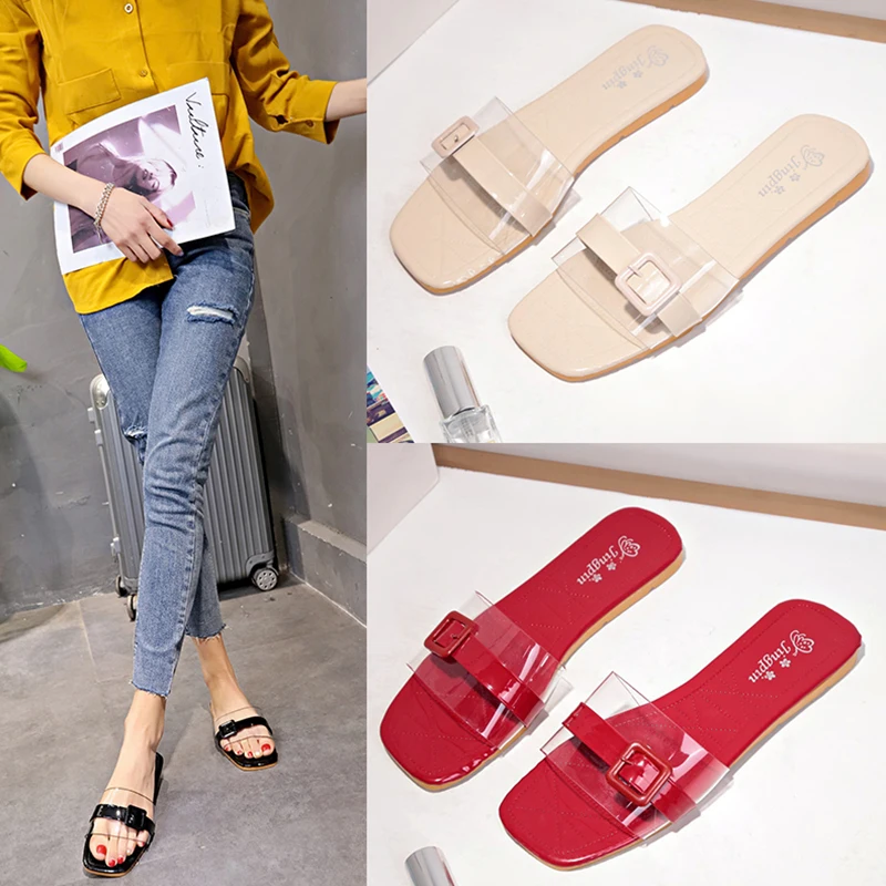 

2019 summer new fashion transparent square head female slippers Korean fashion flat bottom casual beach sandals and slippers