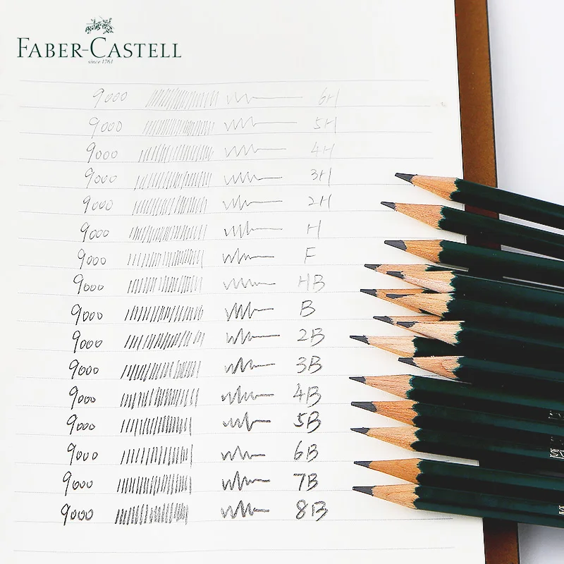 16 шт., художественные Графитовые карандаши Faber Castell 9000# для письма, затенения, эскиза, черный грифель, угольные карандаши, набор для рисования