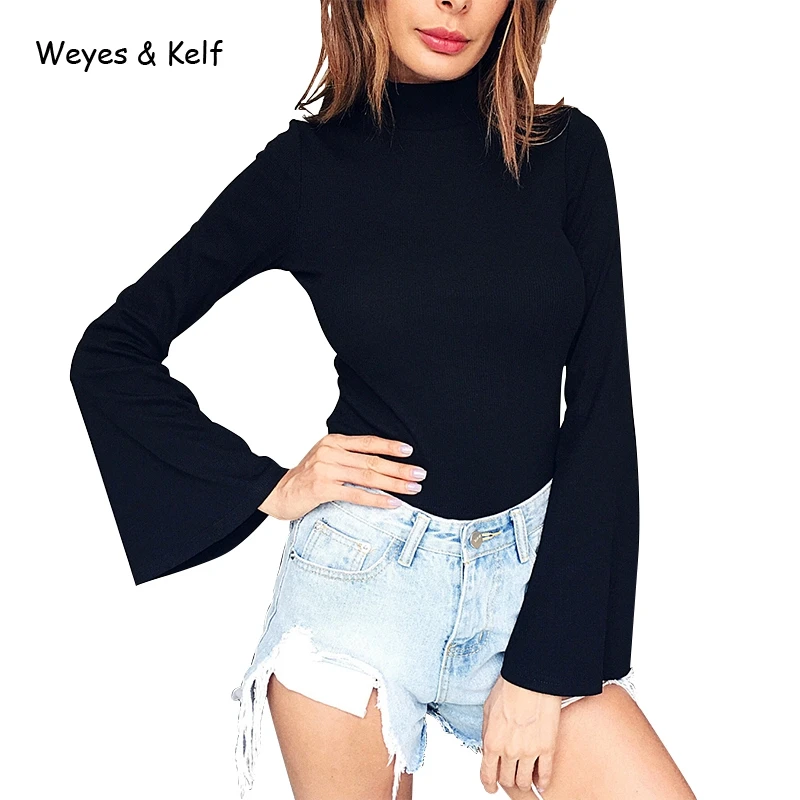 

Weyes & Kelf casual Slim black turtle neck T shirt women Sexy cotton flare Long sleeve top 2018 women knitted long sleeve shirt