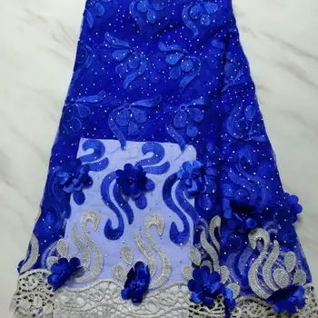 

High Quality Imported Wholesale 100%Polyester African flowers Tulle Lace French Net Beads Lace Fabric For Wedding royal blue