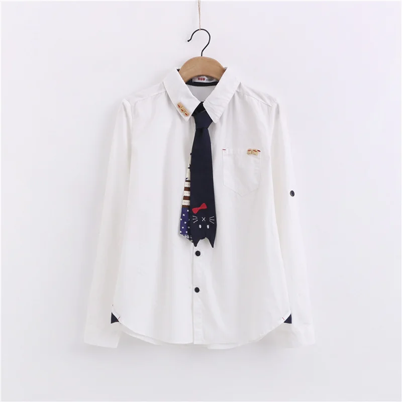 

Preppy Style White Shirt Women Long Sleeved Cartoon Cat Embroidery Mori Girl Kawaii Blouse Casaul Tops Female Clothing with Tie