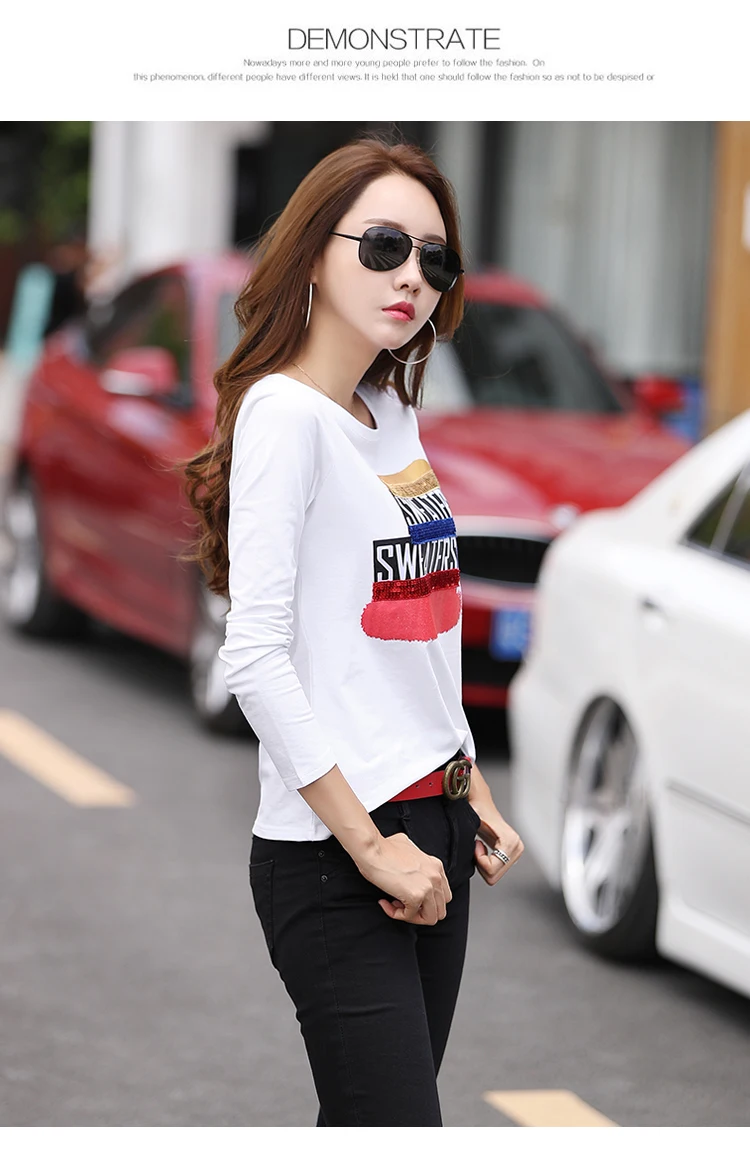 Shintimes, футболка с блестками, Корейская одежда, футболка для женщин, футболка с длинным рукавом, хлопок, с надписью, Повседневная футболка, Femme Polera Mujer