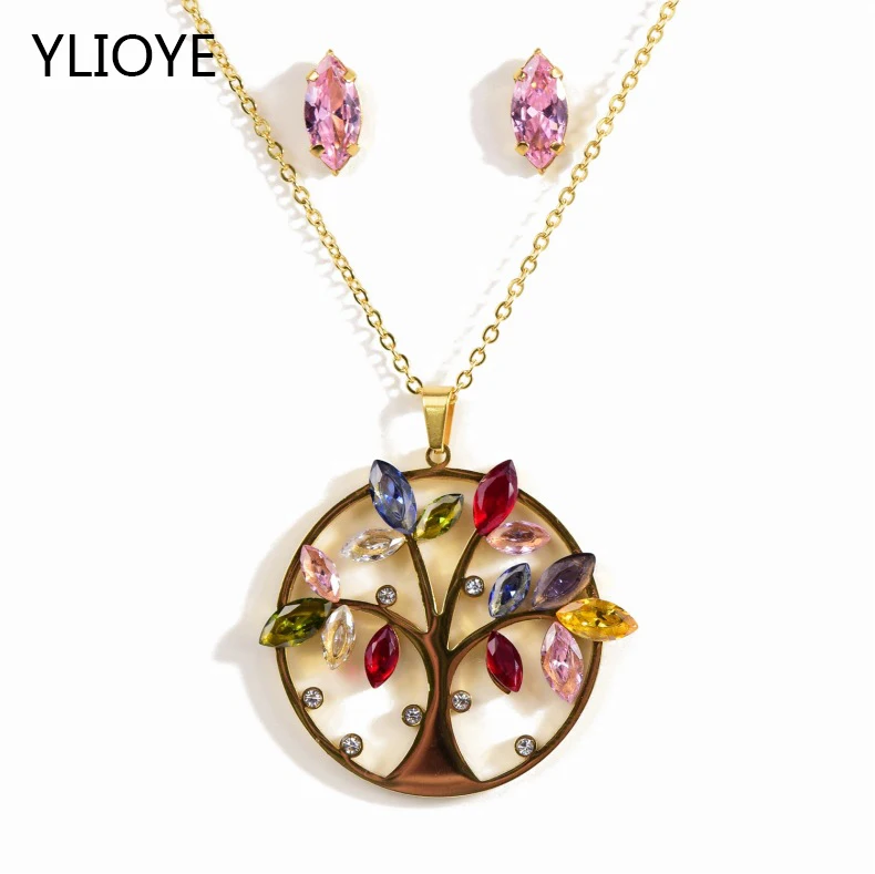 

New Cubic Zirconia Golden stainless steel Tree of Life Crystal Round Pendant Necklace Earrings Set Women Girl Jewelry Set Gifts