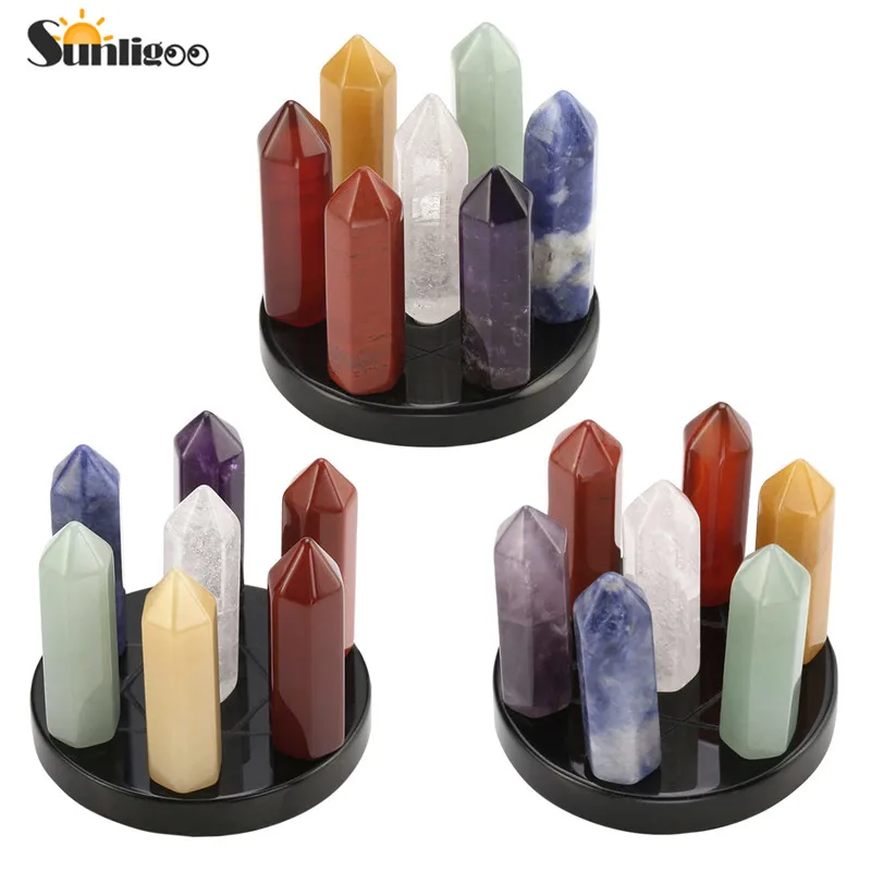 Online Sunligoo 7 Chakra Star Group Reiki Healing Kristall Quarz Energie Stein Hexagonal Punkt Array Statue Figurine Obsidian Ständer Set