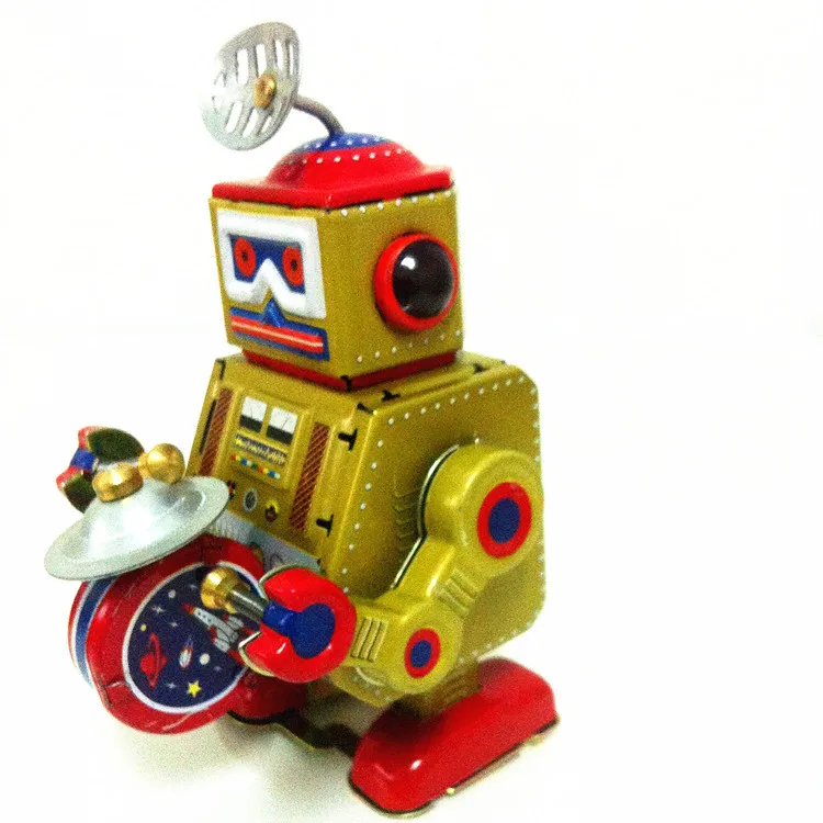 Vintage Wind Up Walking Drumming Robot Drummer Clockwork Mechanical Tin Toy