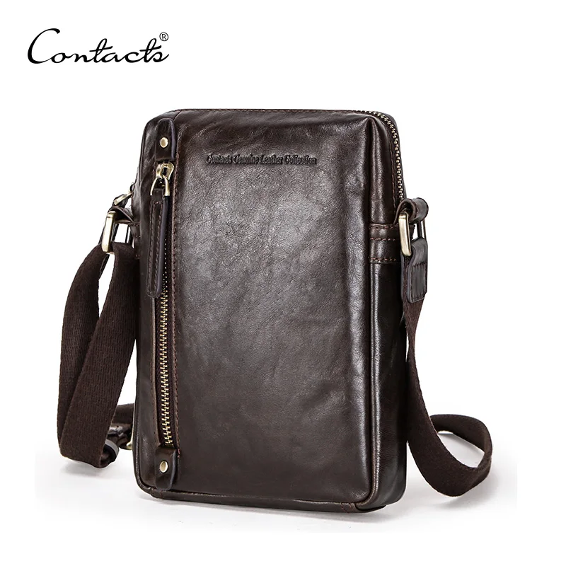 

CONTACT'S Genuine Leather men shoulder bag with big Zip pocket for 7.9 inch laptop travel vintage style male massage bag Soft