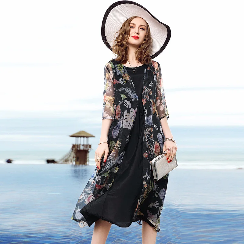 

L10ZT1112 Europe and America Spring Women Clothes New Fashion Elegant Print Dresses female100% Silk Dress