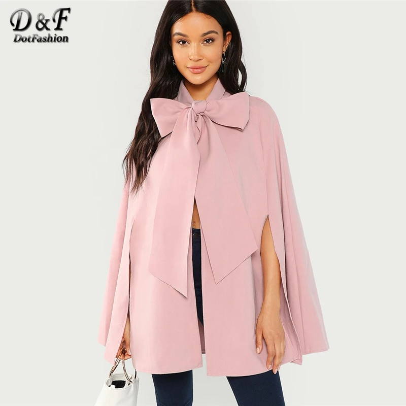 Dotfashion Pink Cloak Sleeve Split Cape Coat Women Elegant Spring Fall Plain Long Sleeve