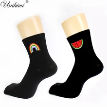 Шикарная уличная одежда, женские хлопковые носки с рисунком радуги, Носки с рисунком арбуза, повседневные Черные короткие носки для девушек, носки с фруктами