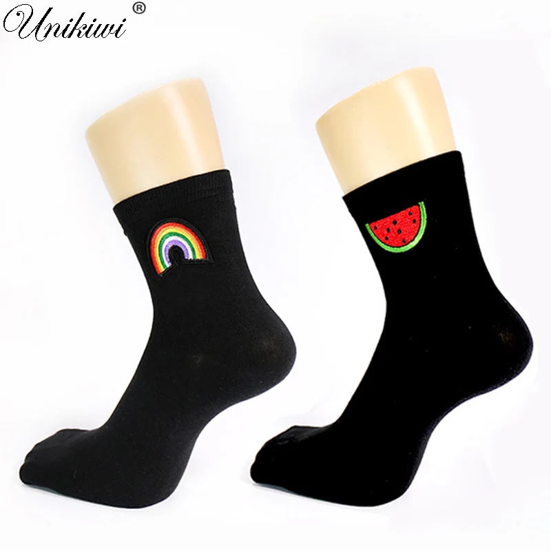 

Chic Streetwear Women's Cotton Cartoon Rainbow Watermelon Socks.Casual Ladies Girl's Black Short Socks Fruit Hose Sox