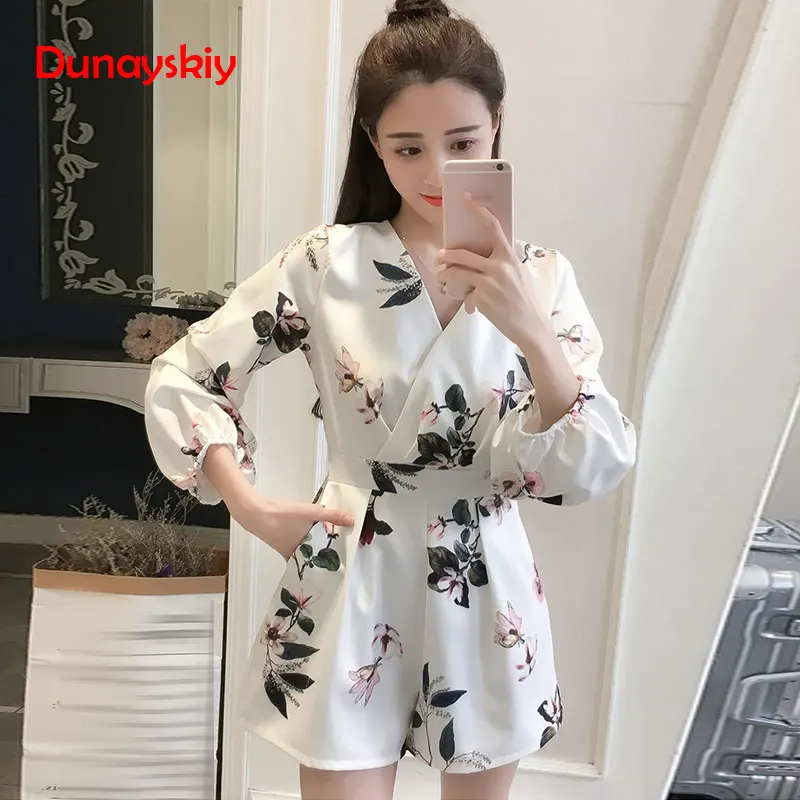 

Women's V Neck Lantern Sleeve Print Playsuits Lady's Vintage Spring Summer Wide Leg Shorts Imitation Satin Jumpsuits Floral 2XL