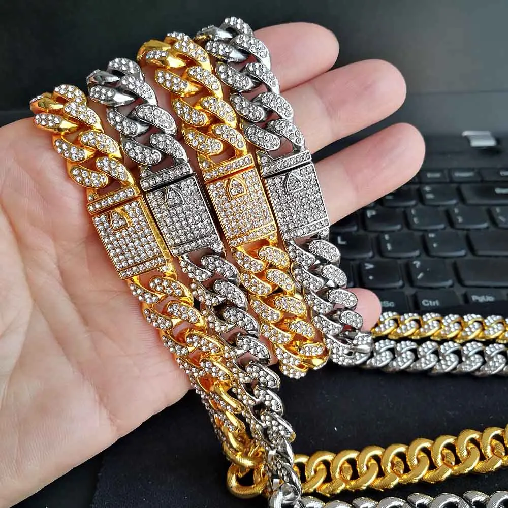 

News Hip Hop Men ICED OUT AAA+ Rhinestone Necklace MIAMI CUBAN CHAIN Bling Bling Iced Out Magnetic Clasp LuxurNecklaces