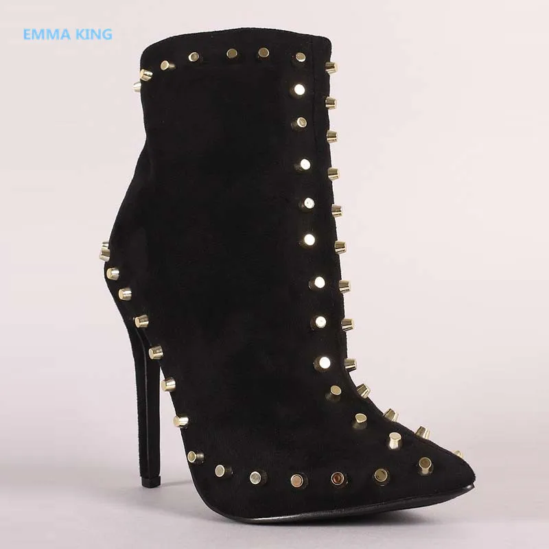 

New Gold Rivets Studded Women Ankle Boots Pointed Toe Sexy High Heels Winter Ladies Party Shoes Woman Runway Martin Boots Mujer