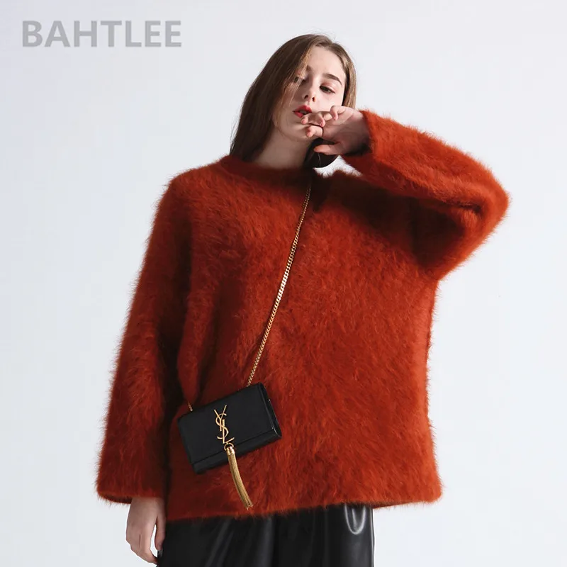 

BAHTLEE autumn winter women's angora knitted pullovers sweater O-NECK mink cashmere butterfly sleeve very thick keep warm loose