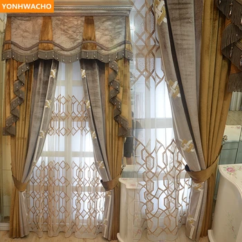 

Custom curtains luxury French livingroom high-grade thick warm velvet gold grey cloth blackout curtain tulle valance drapes N856