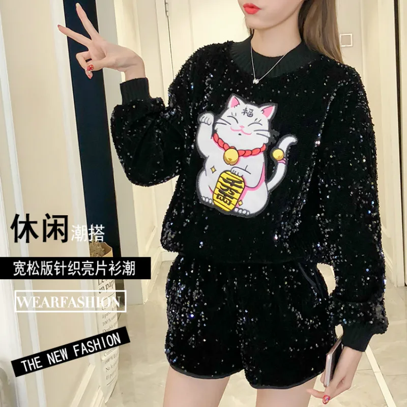 Модные толстовки с изображением из мультфильма Lucky Cat блестками свободные