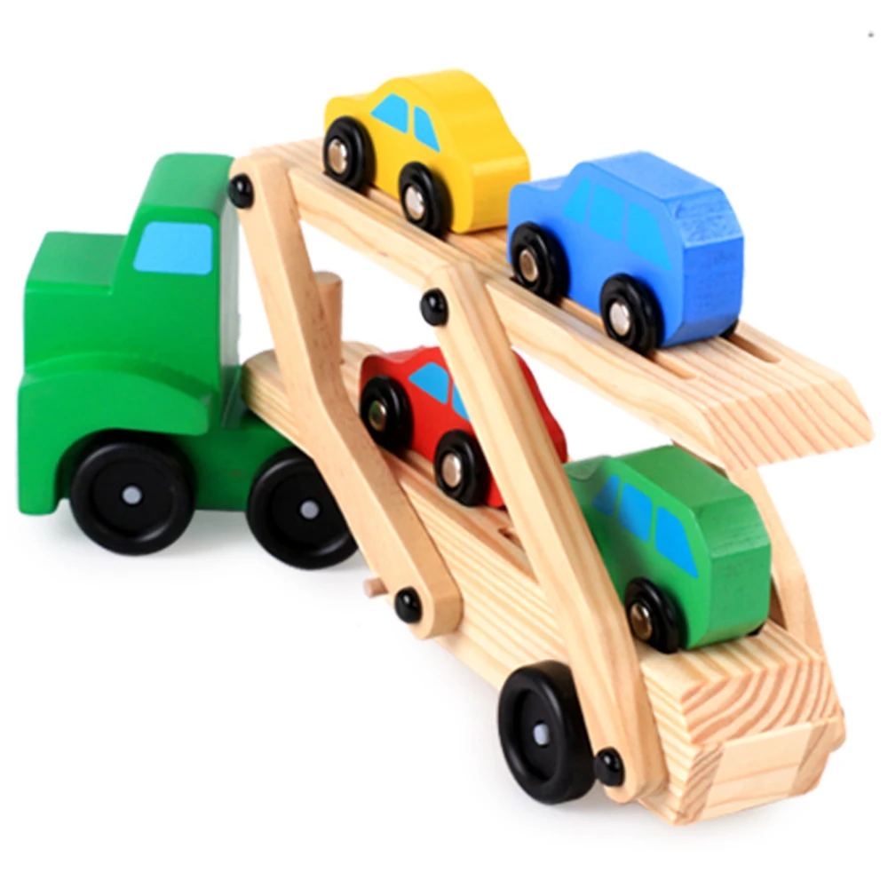 

Wooden Cars Toys Set Kids Double Decker Truck Toy 1 Transport Carrier Truck with 4 Mini Cars Model for Children Kids Toys Gift