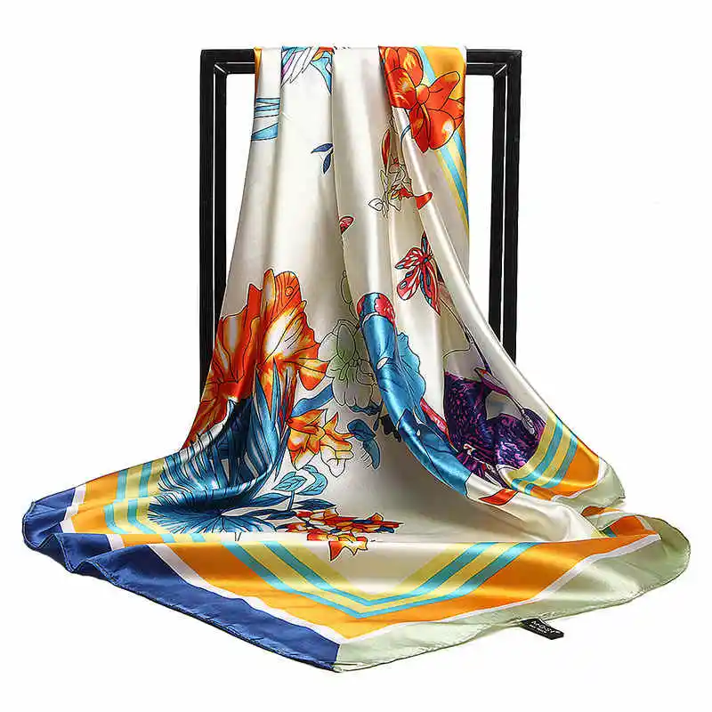 Весенне-летний цветной шелковый шарф с масляным цветочным принтом, Женский Большой сатиновый хиджаб, шарфы, платок, шаль, обертывания 90x90 см - Цвет: Темно-серый