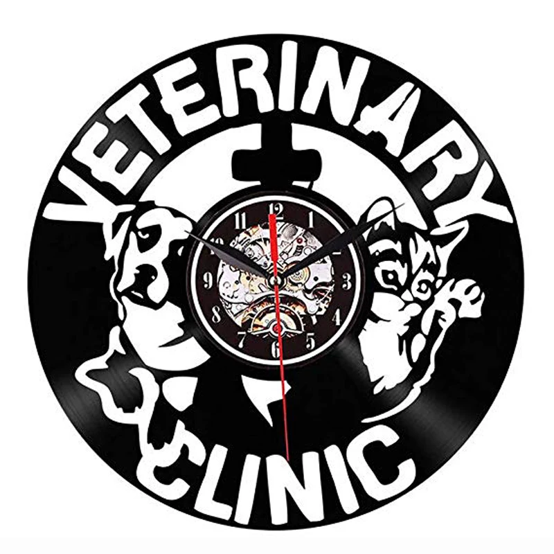 Ветеринарный уход виниловые настенные часы современный дизайн ветеринарная клиника собака и кошка классические 3D Животные виниловые часы для записей настенные часы 12"
