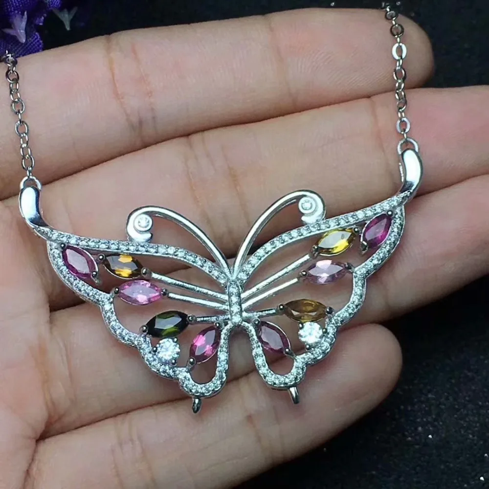 Натуральный многоцветный Турмалин Цепочки и ожерелья Природный камень кулон Цепочки и ожерелья S925 серебро модные бабочка подарки для