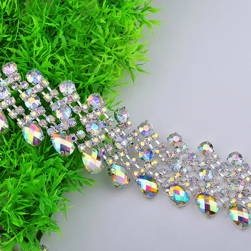 1 yard 4 cm Silver AB Rhinestone Trims Applique for Wedding Dress Clothes Bags Gifts Sewing DIY