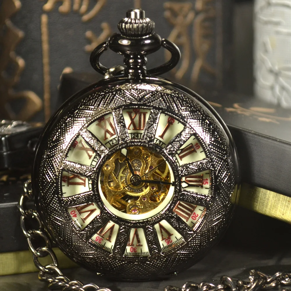 TIEDAN Steampunk Luxury Antique Black Skeleton Mechanical Pocket Watch Men Chain Necklace