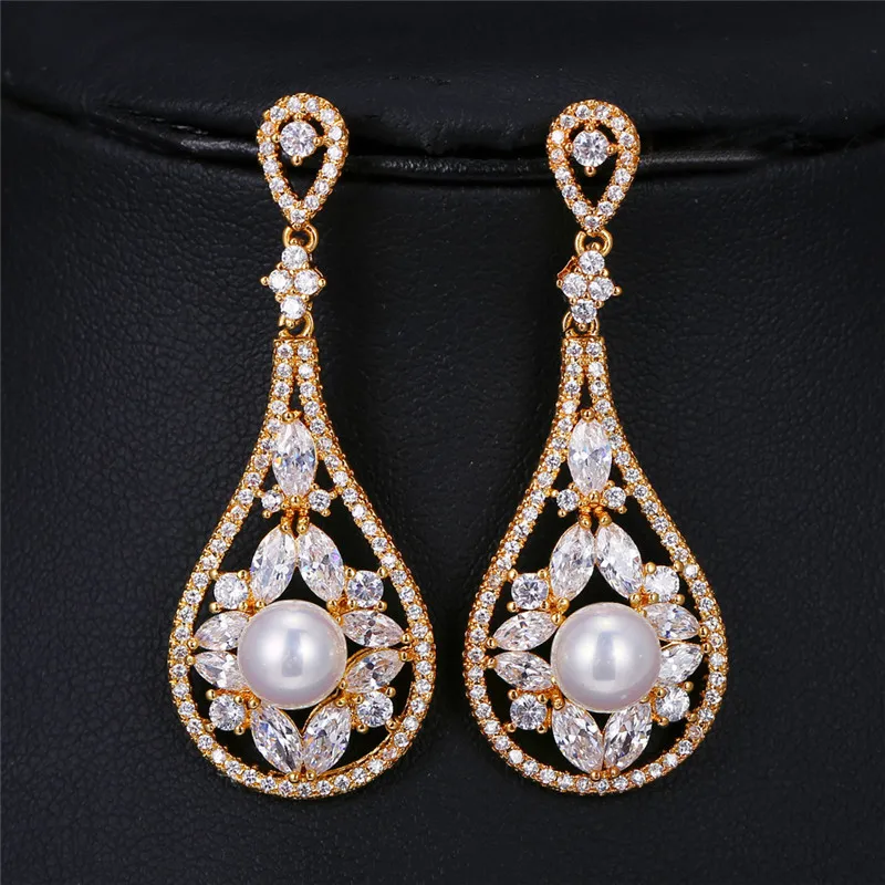 Luxury Unique Chic Round Cream Pearl Drop Earrings White Gold color CZ