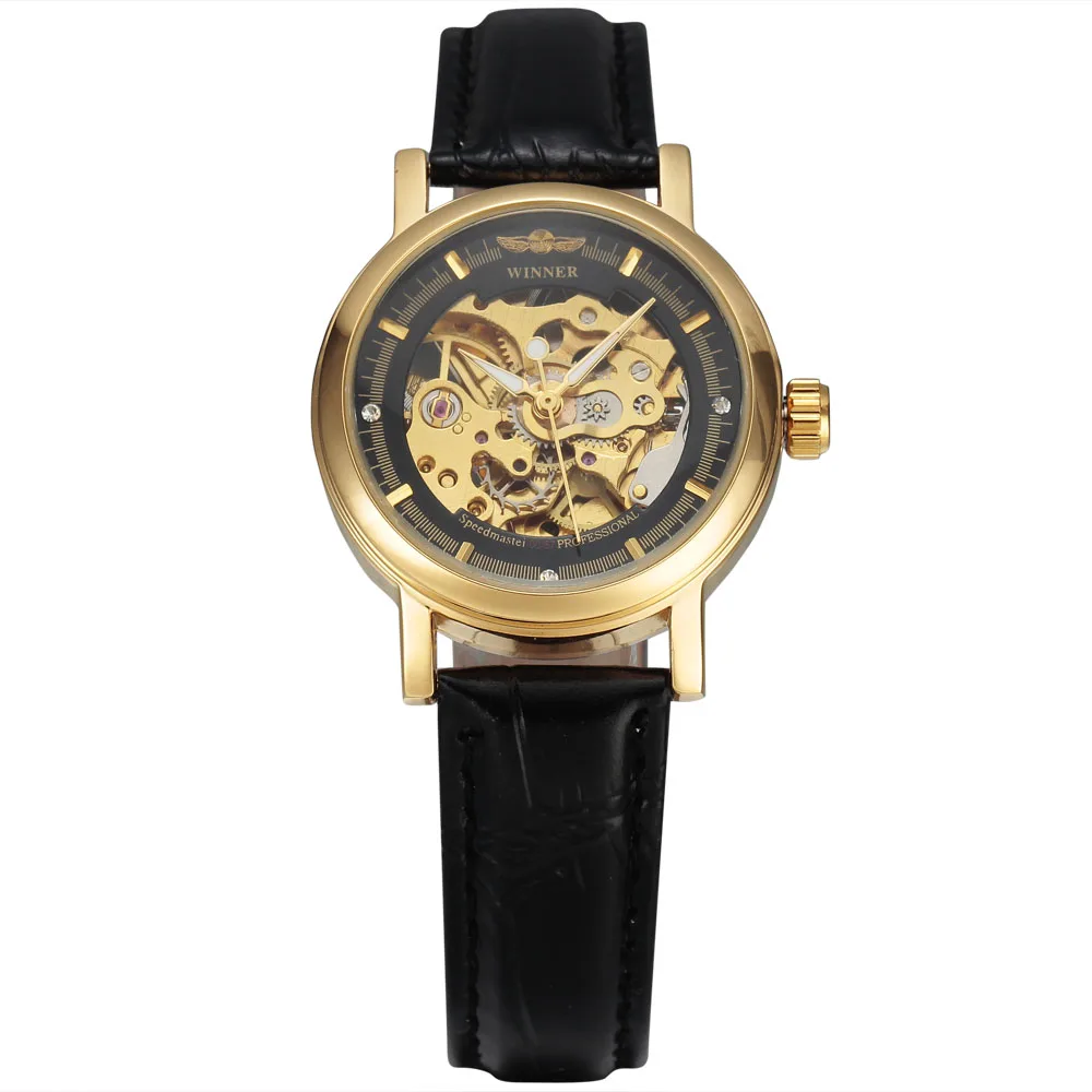 Бренд WINNER, женские модные механические часы, золотой чехол, скелет, автоматический циферблат, кожаный ремешок, наручные часы, классические женские подарочные часы - Цвет: Черный