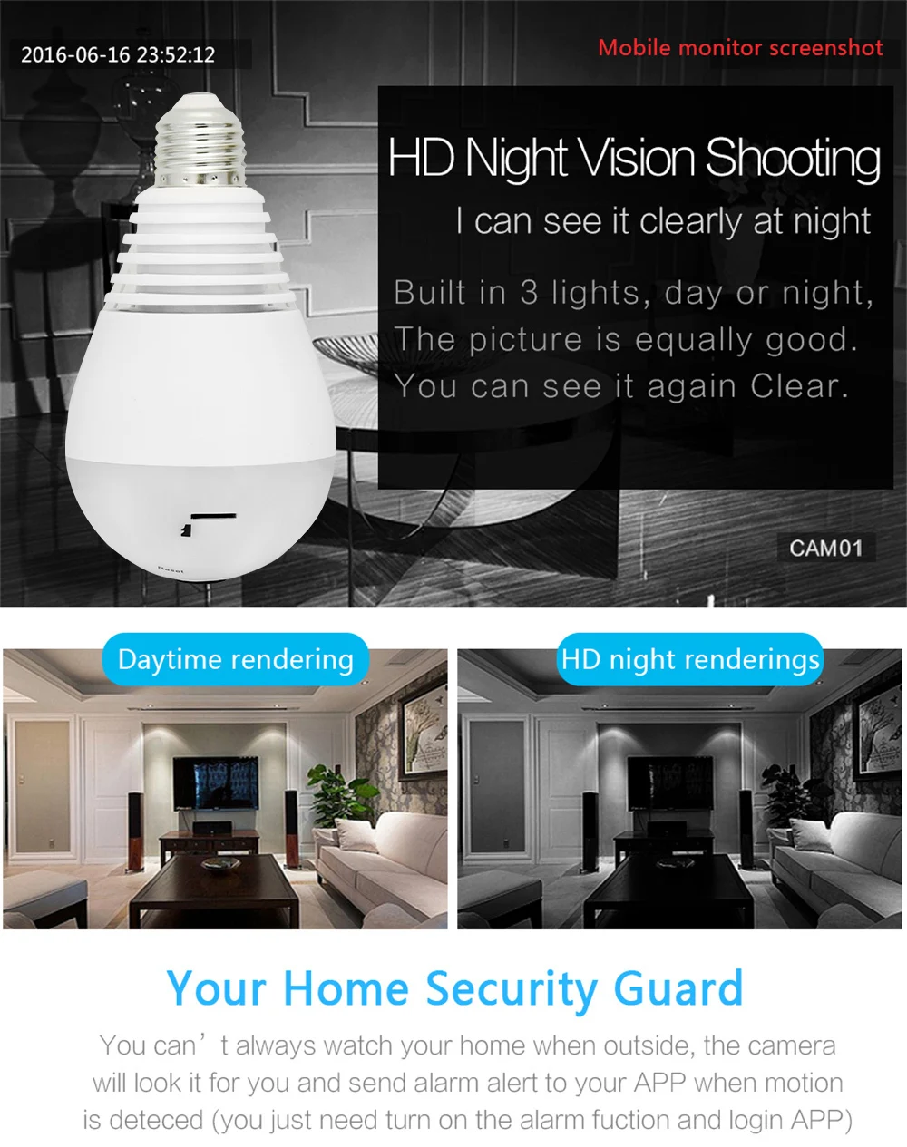 Wistino 960P Wireless VR Panoramic IP Camera Bulb Light Wifi FishEye 360 degree CCTV Surveillance Security Monitor Comone 1 (6)