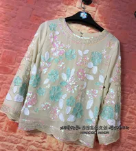 Women Blouses Hot Sale Blouse Blusa Genuine New 2017 Heavy Art Embroidery Flowers Dingzhu Seven Sleeves Fur Base Fabric Shirt