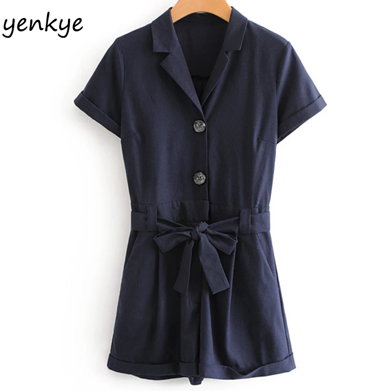 Summer Women Solid Color Buttoned Short Jumpsuit Lady