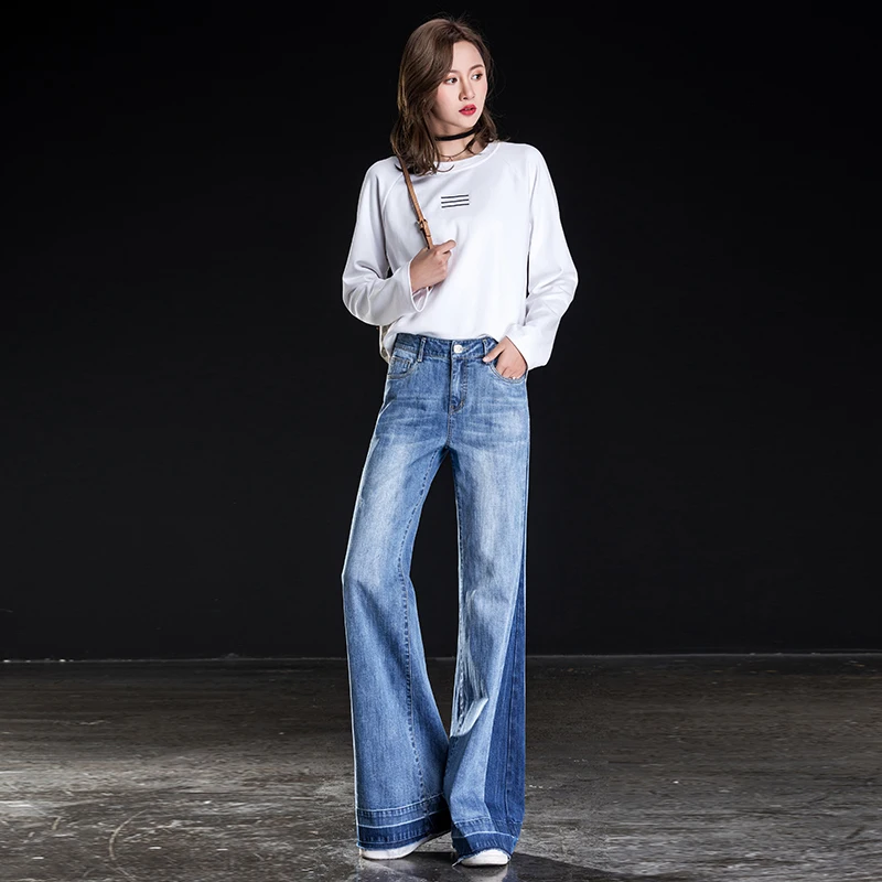 Goedkoop 2019 Nieuwe Elasticiteit Hoge Taille Vrouwen Full Length Flare Jeans Hoge Kwaliteit Patchwork gebleekte Losse Wijde Pijpen Broek Lente Zomer