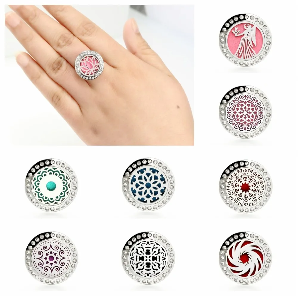 

New Flower 20mm Stainless Steel Diffuser Locket Ring Resizable Essential Oils Aromatherapy Ring 10pcs free pads dropship