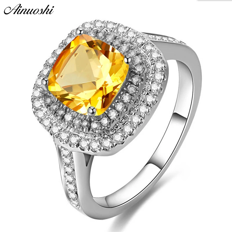 AINUOSHI натуральный цитрин двойной Halo Кольцо 2.5ct Подушки Огранки Драгоценных Камней Обручение вечерние Для женщин Jewelry 925 пробы серебро Square Ring AINUOSHI натуральный цитрин двойной Halo Кольцо 2.5ct Подушки Огранки Драгоценных Камней Обручение вечерние Для женщин Jewelry 925 пробы серебро Square Ring