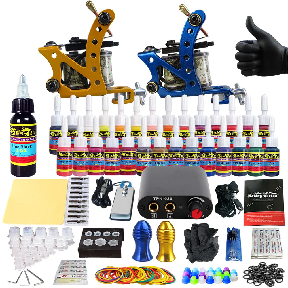 

Solong Tattoo Complete Tattoo Kit for Beginner Starter 2 Pro Machine Guns 28 Inks Power Supply Needle Grips Tips TK204-37