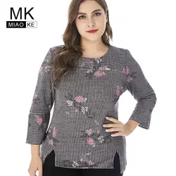 Miaoke 2018 зимние женские плюс размеры футболка с длинными рукавами Высокое качество модные Винтаж цветочным принтом элегантные дамы Топ
