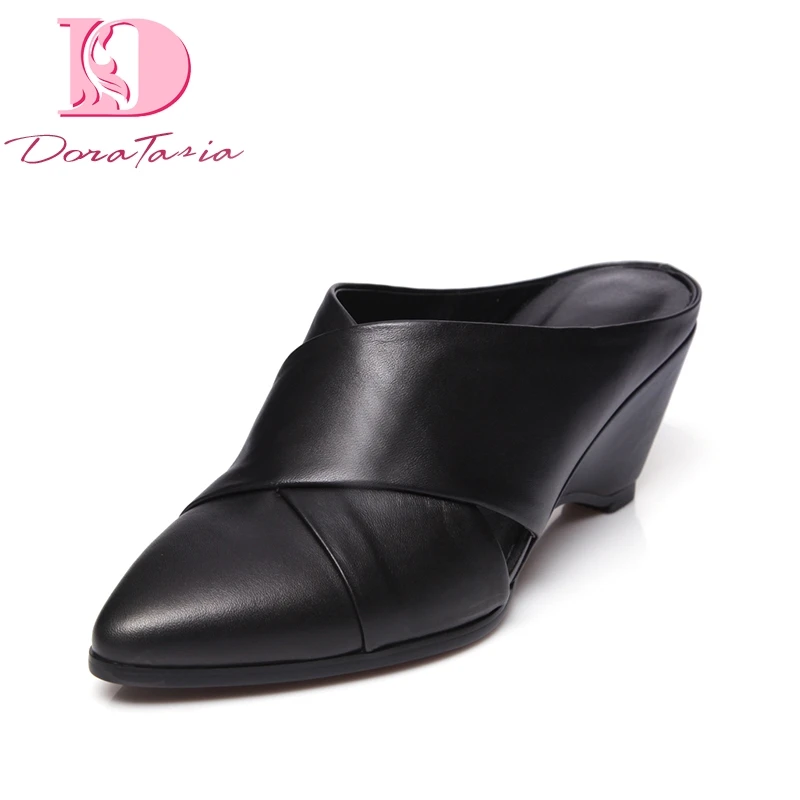 

Doratasia Brand New Spring Cow Leather women's Shoes Genuine Leather Elegant Wedge High Heels Woman Mules Pumps Shoes