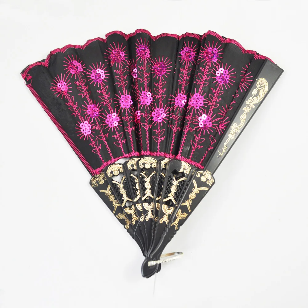 

Hot Sale Peacock Pattern Sequin Fabric Hand Fan Decorative Hot Pink Color