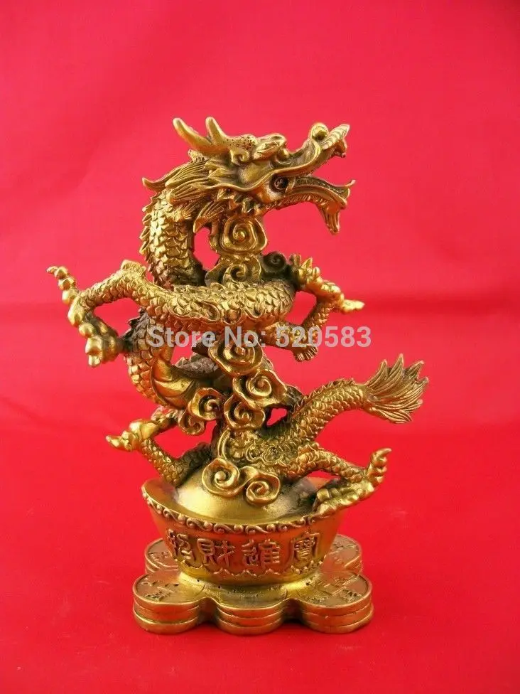 

8" China brass copper carved lucky fine gold ingot dragon Sculpture statue fast