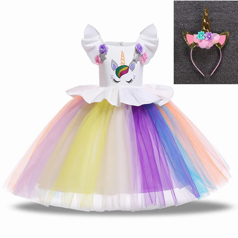 Unicorn Dress Flower Girls Unicorn Tutu Dress Princess Girls Christmas Dress Children Unicorn Party fantasia Girls Dress - Цвет: whiteA and headdress