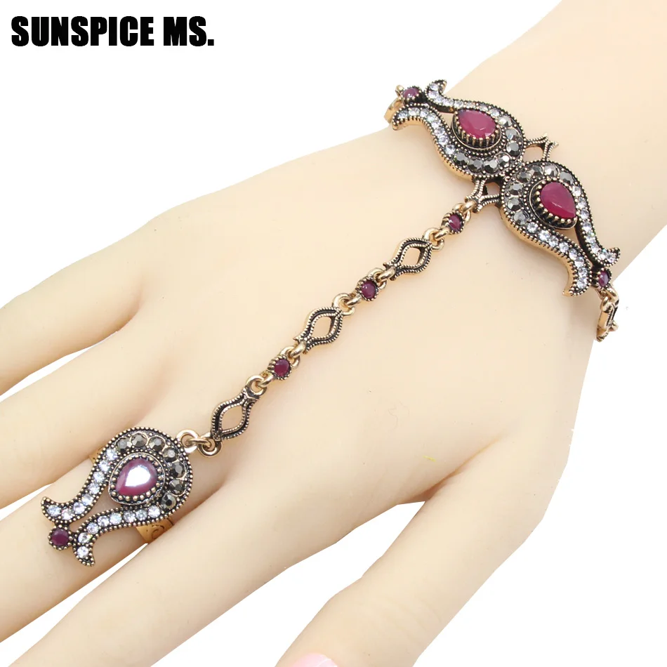 

Exquisite Vintage Bracelets Morocco Ethnic Bracelet Ring Sets Flower Resin Retro Jewelry Antique Gold Indian Bridal Bijoux