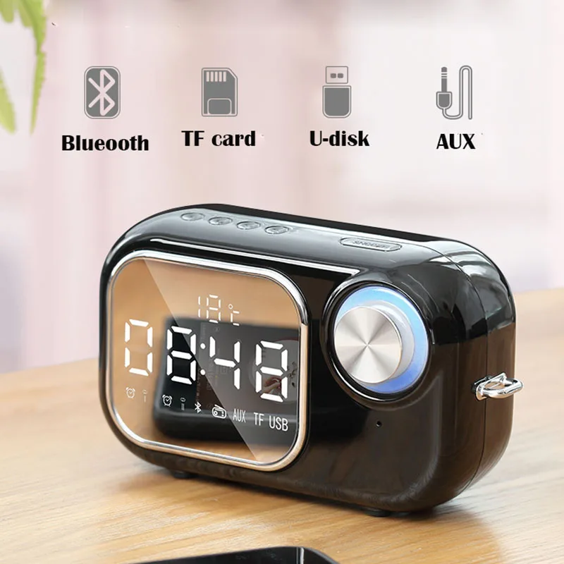 

Wireless FM Radio alarm clock Mirror Despertador Retro Bluetooth Digital Clock Temperature Subwoofer Portable Electronic Clock